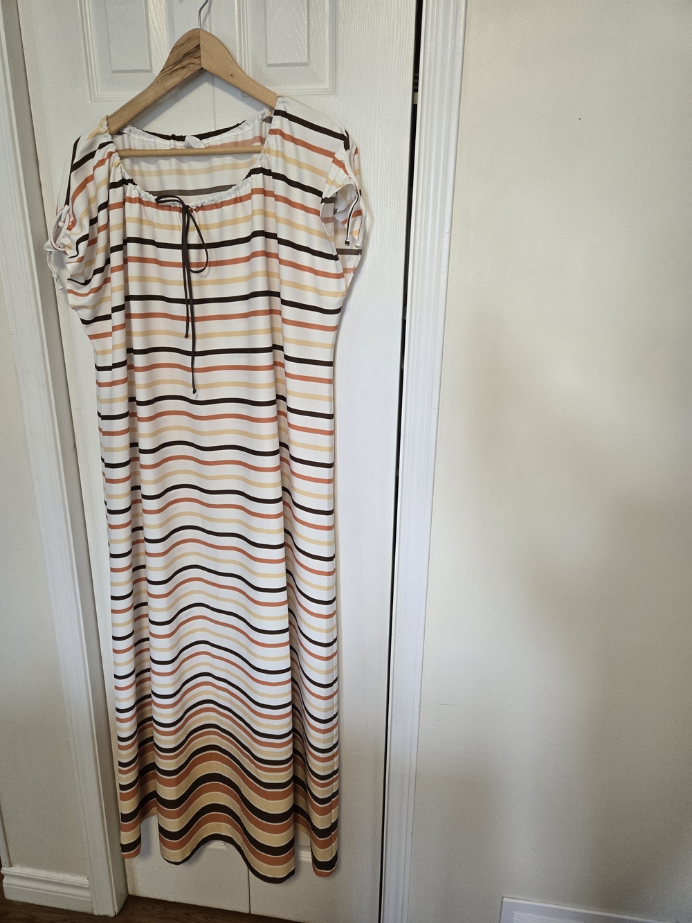 Striped Maxi Dress with Tie Neck - Cream, Brown & Orange